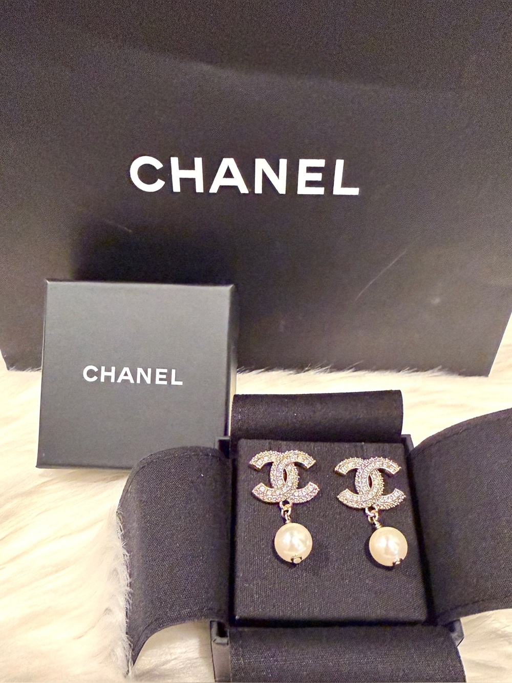 NEW Chanel Resin and Strass Metal Pearl Drop Earrings